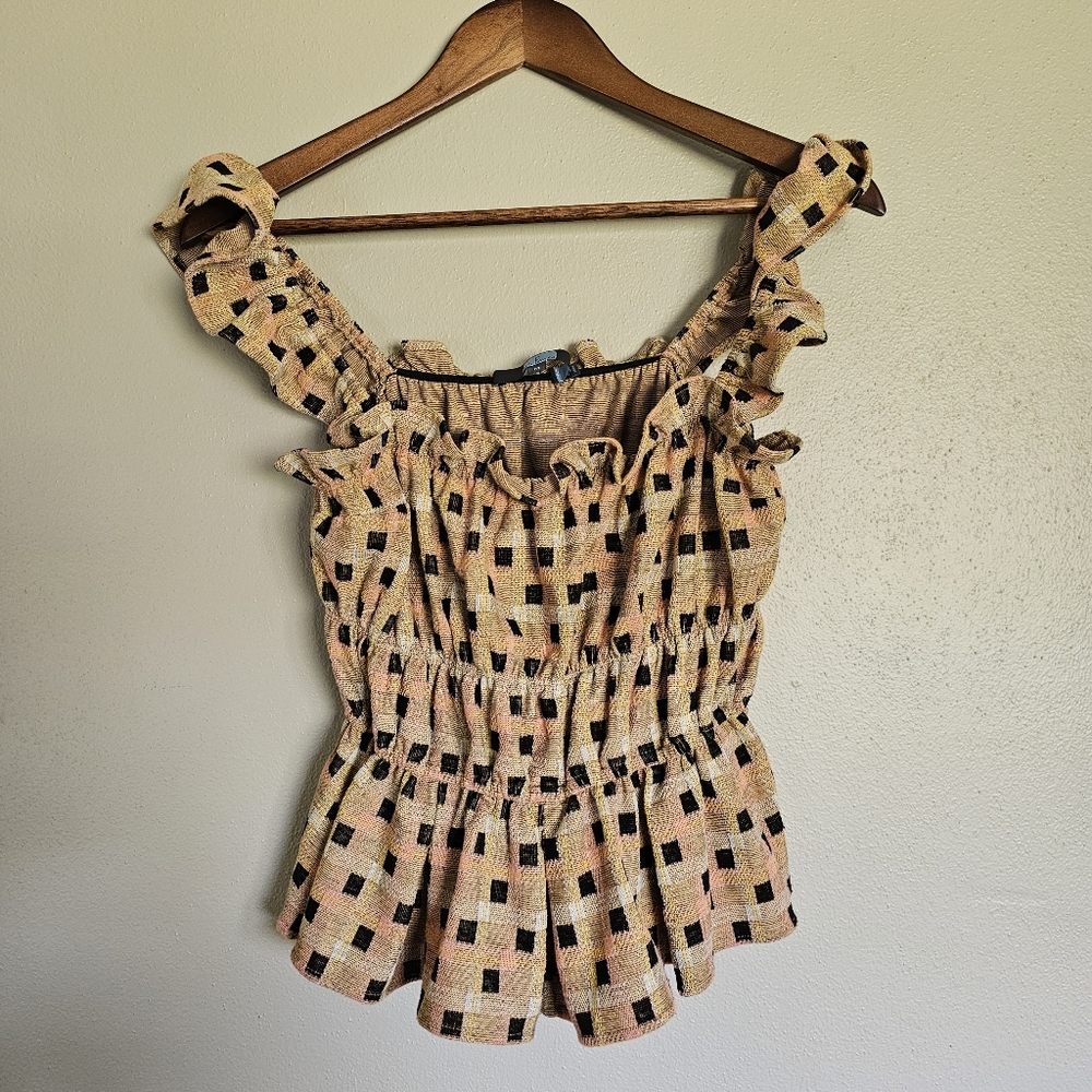 Eva Franco Cropped Tank Top Womens Medium‎ Tan Ruffles Checkered Print